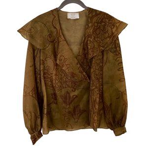 VIE by Victoria Royal Sheer Gold-Brown Tone with Floral Print Long Sleeve Blouse